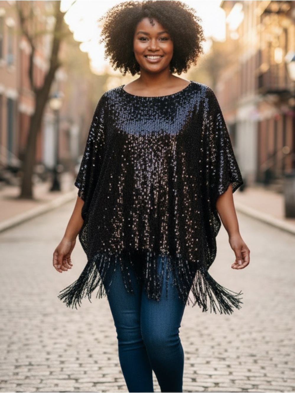 Chico's Black Sequined Fringed Poncho Size L/XL